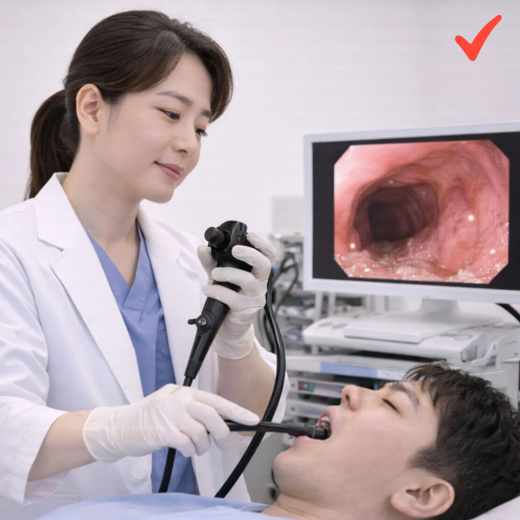 위산이 식도 점막을 자극하여 염증을 일으키는 역류성 식도염 상태를 확인하기 위해 병원에서 위내시경 검사 결과를 진단받는 과정