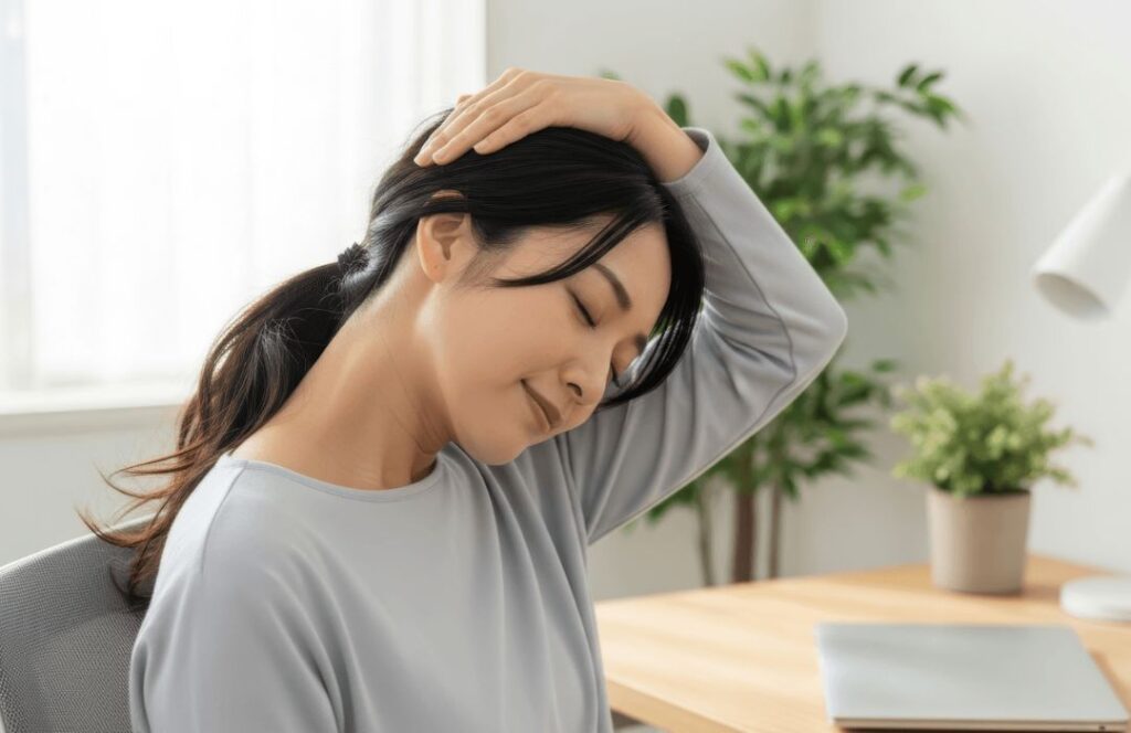 사무실 의자에 앉아 목덜미와 흉근을 열어주는 효율적인 사무실 스트레칭 종류