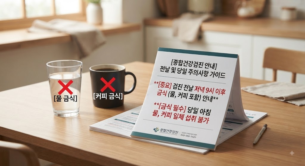 건강검진 당일 물과 커피를 마셔도 되는지 금식 준비사항을 표현한 이미지