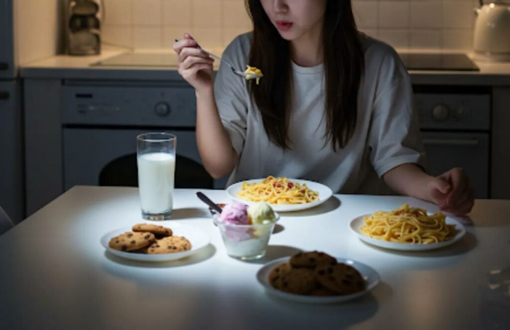 혈압을 급격히 올리는 주범인 과도한 나트륨 섭취와 불규칙한 생활 습관을 보여주는 직장인의 식탁 풍경