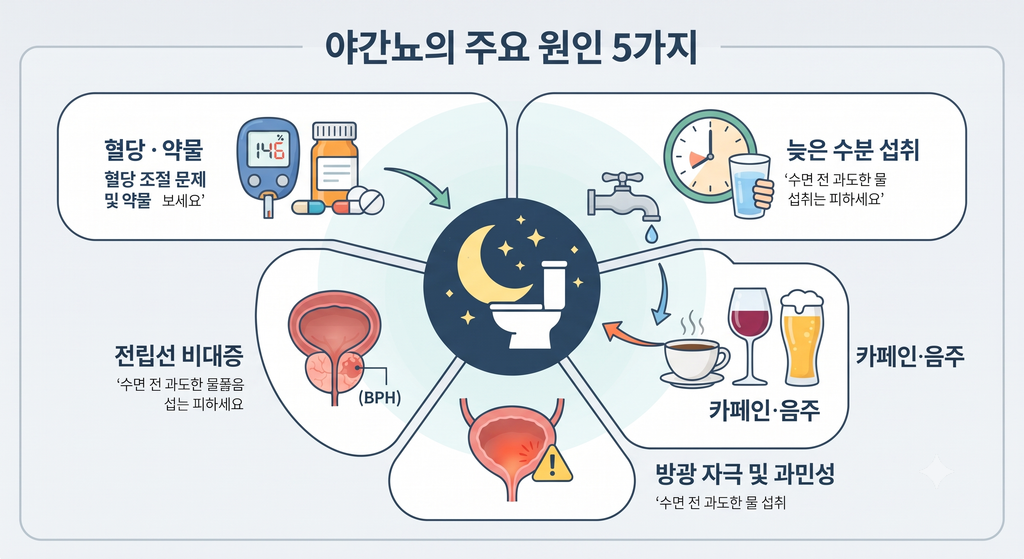야간뇨에 영향을 줄 수 있는 생활습관과 건강 상태를 정리한 정보 이미지