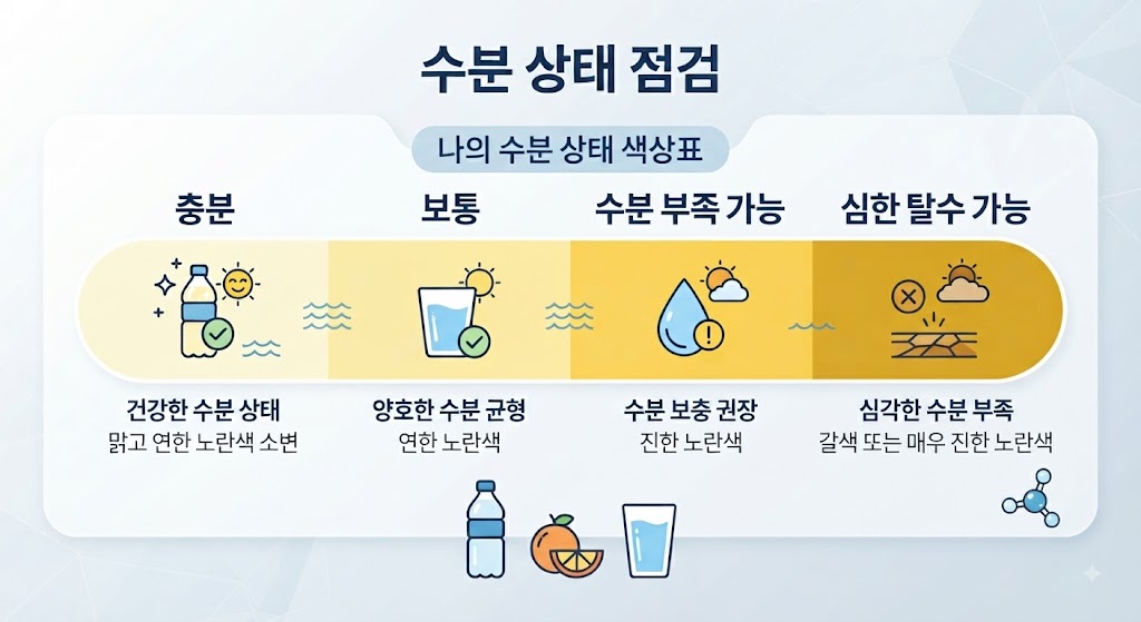 연한 노란색부터 진한 노란색까지 소변 색과 수분 상태 비교