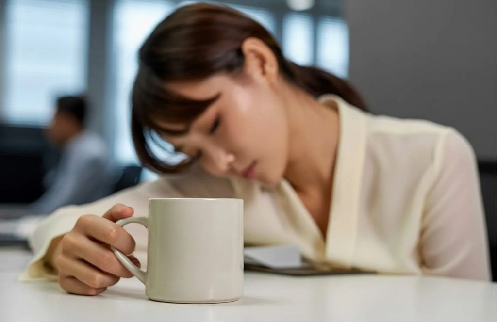 수면 부족과 장시간 화면 사용, 카페인 섭취 등 눈꺼풀 떨림과 관련될 수 있는 생활환경을 표현한 이미지