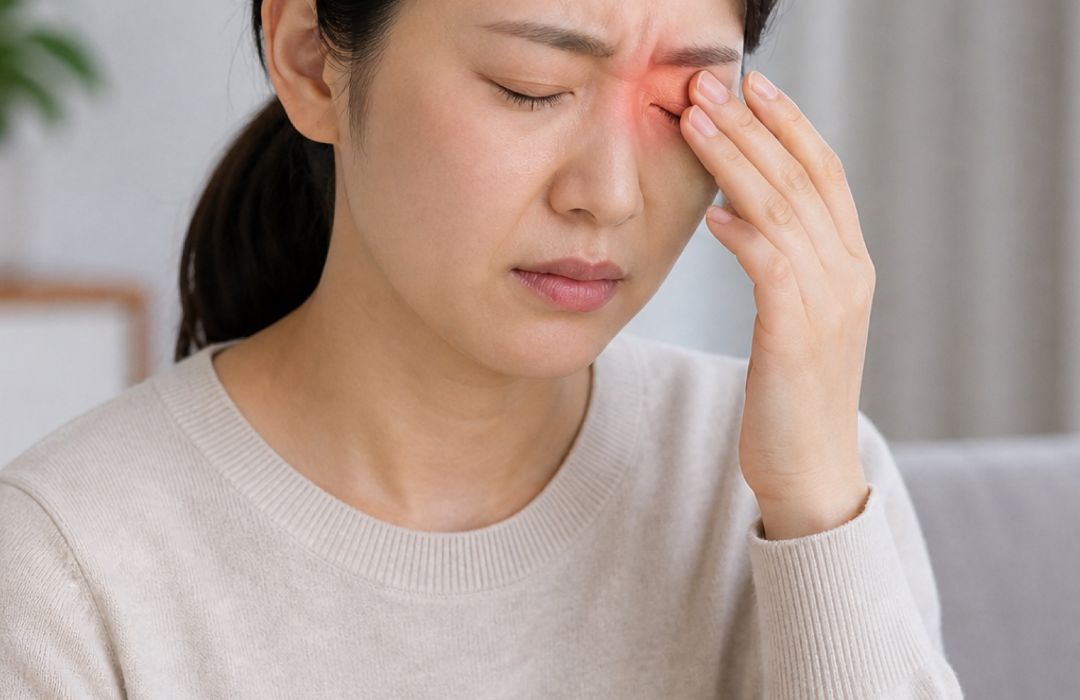 눈 밑이 자꾸 떨려 눈 주변을 만지며 걱정하는 모습