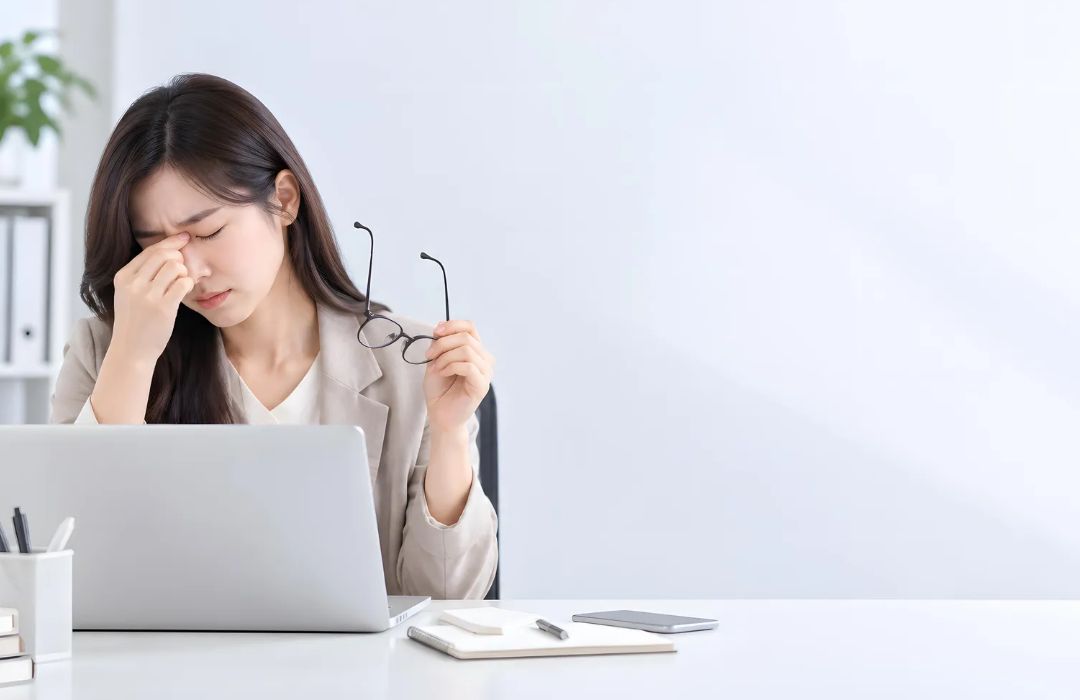 컴퓨터 작업 후 거울을 보며 충혈된 눈을 확인하는 직장인