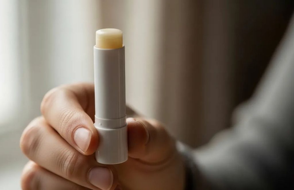 입술을 핥거나 각질을 뜯는 대신 자극이 적은 보습제를 사용해 건조한 입술을 관리하는 모습을 표현한 이미지