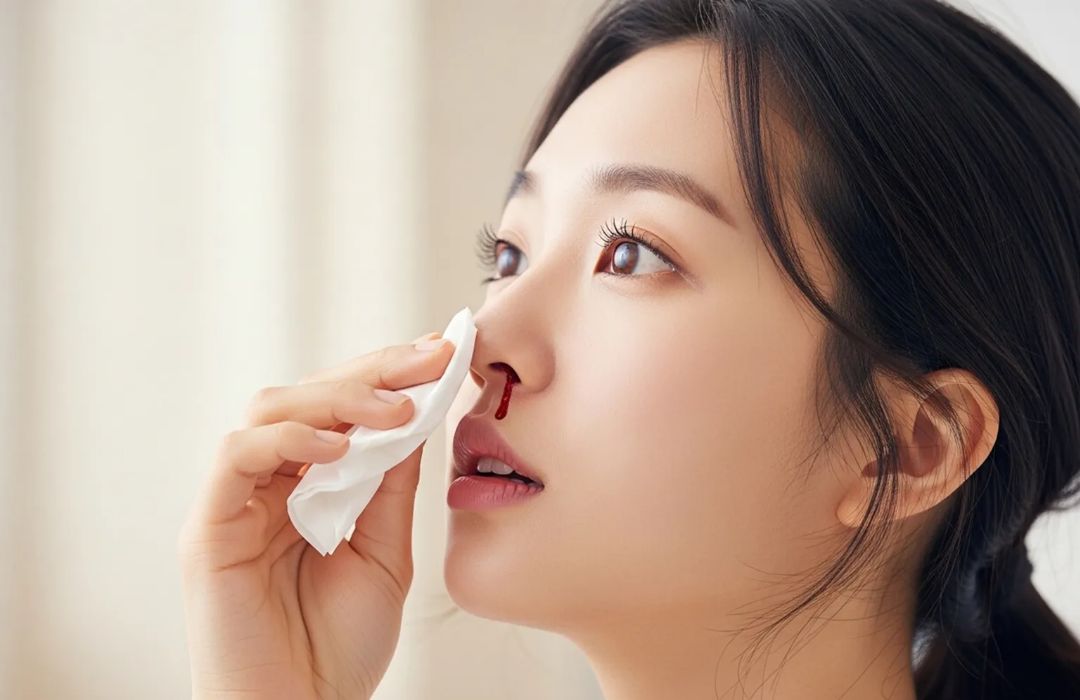 갑자기 코피가 나서 휴지로 닦고 있는 성인